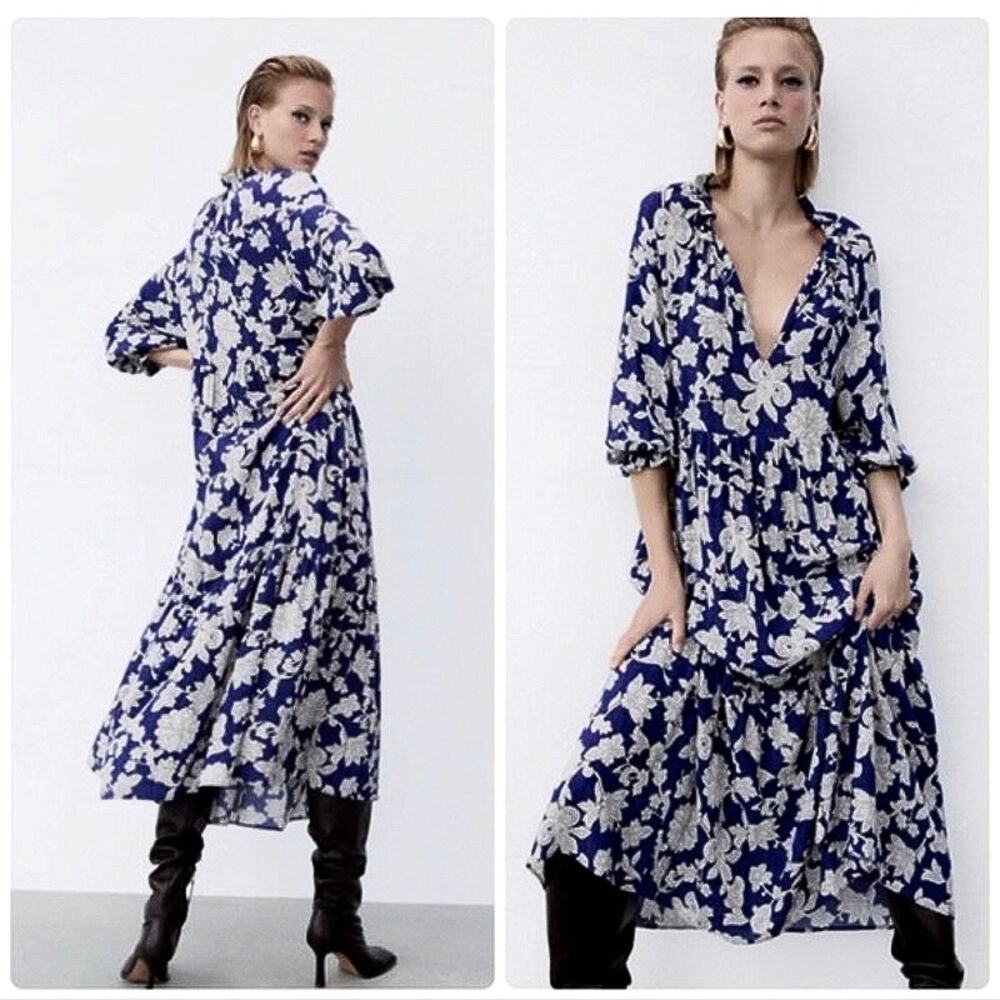 Zara Blue White Floral Plunge V-Neck 3/4 Balloon Sleeve Midi Maxi A-line Dress M - Picture 4 of 11